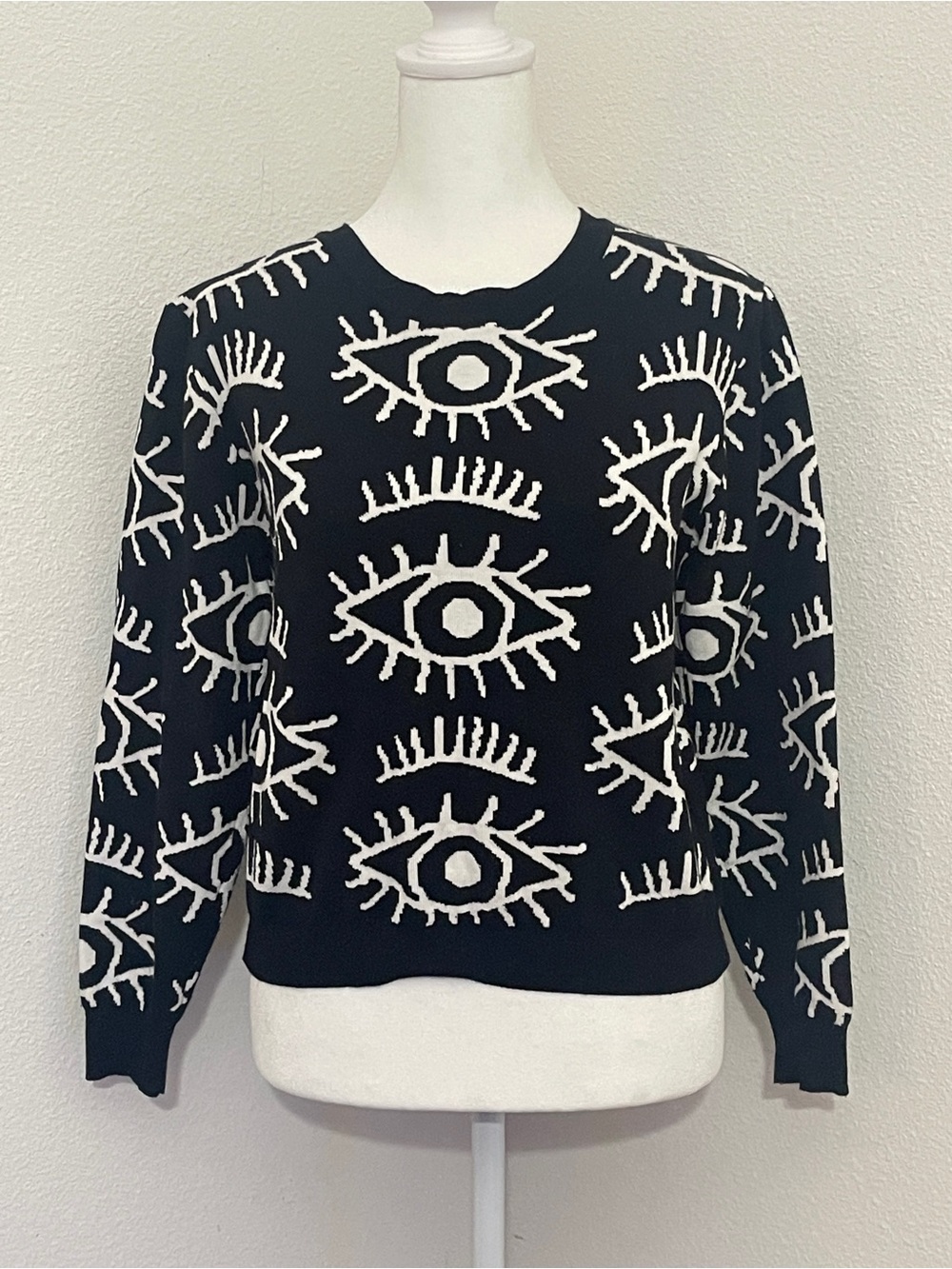 LC Lizette Collection Evil Eye Knit Pullover Sweater Black White Women's Large L